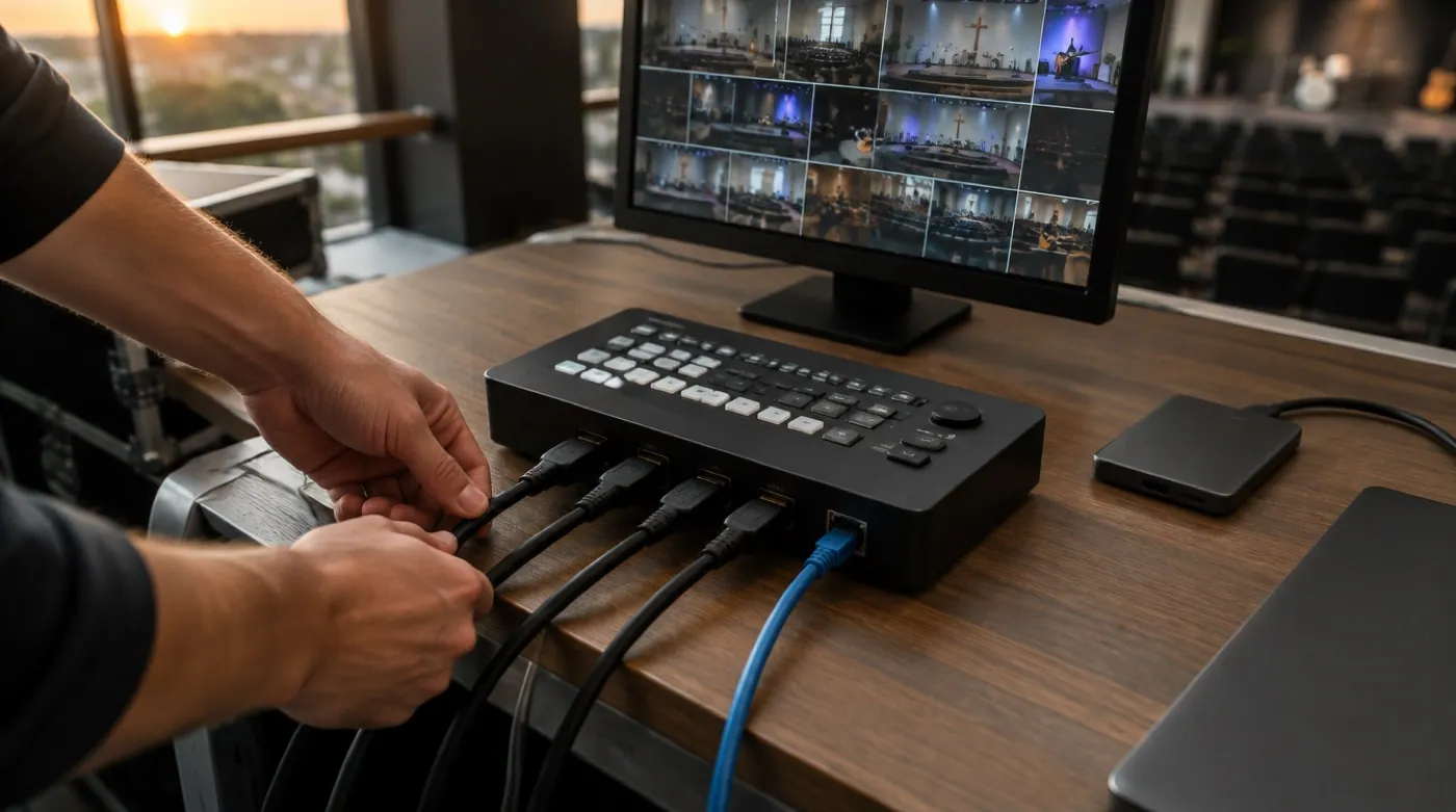 Câmeras HDMI, cabo de rede, monitor e computador ligados na mesa de corte, antes do ensaio.