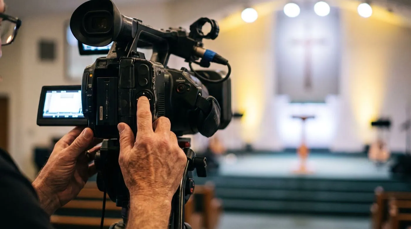 Luz amarela de teto e luz branca de palco na mesma cena: sem travar o branco, a câmera muda de ideia no meio do culto.