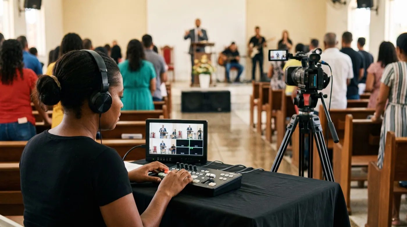 A mesa de corte no fundo do templo: uma pessoa, uma tela e a decisão de qual câmera vai ao ar.