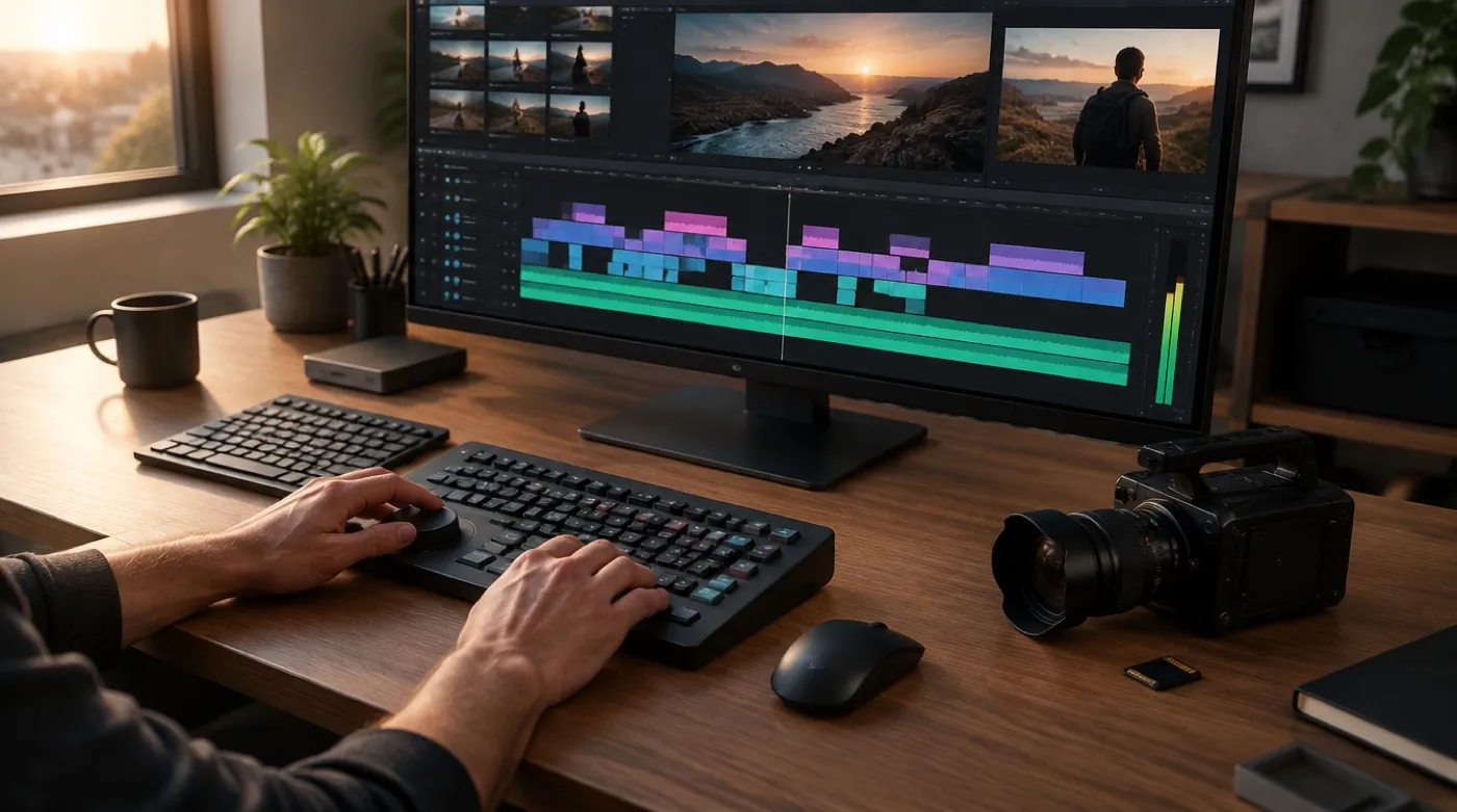 Ilha de edição de uma produtora pequena: monitor com a linha do tempo aberta, teclado de edição e uma câmera de cinema ao lado, recém-descarregada.