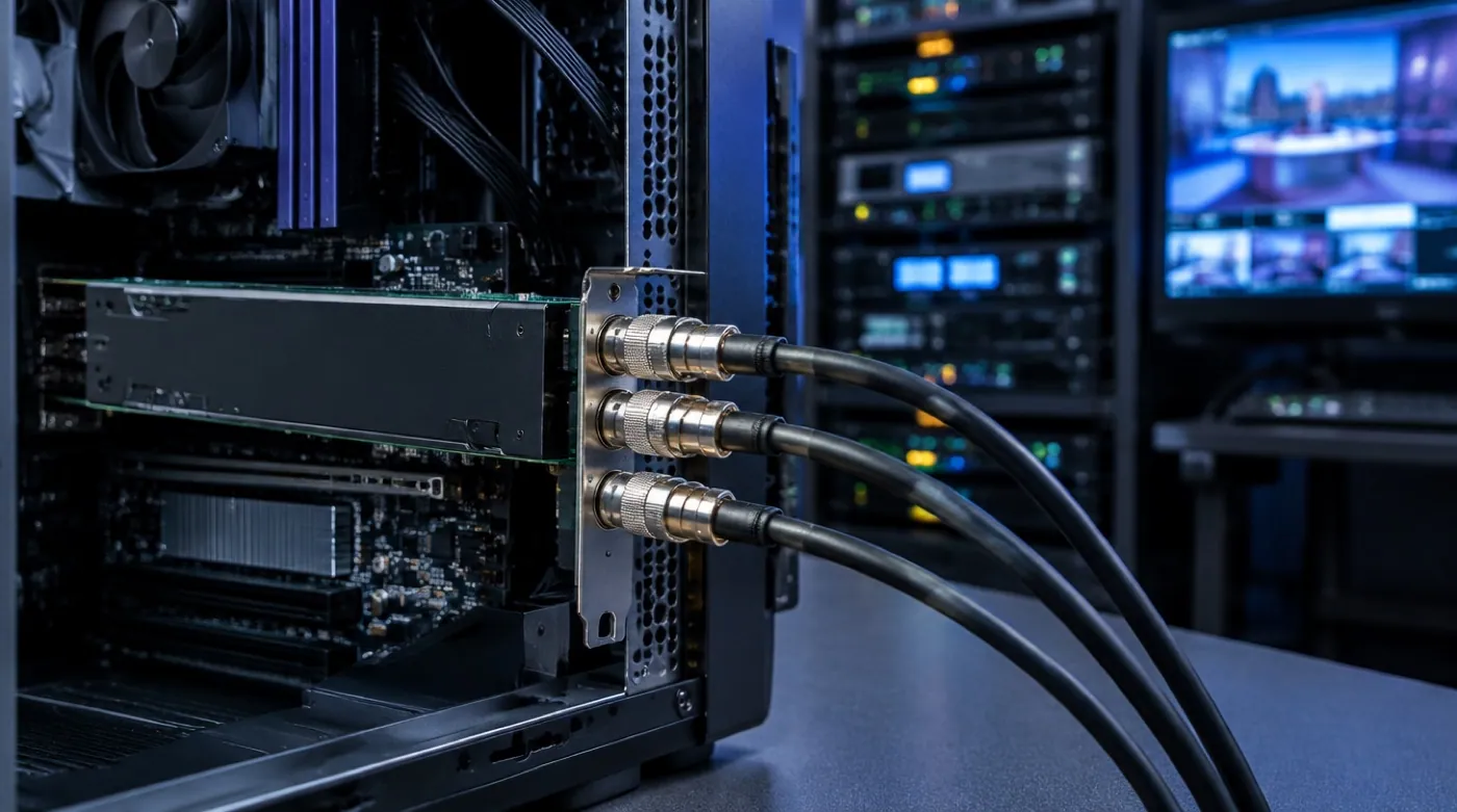 A placa encaixada no slot PCIe do computador, com os cabos BNC já rosqueados na saída traseira.