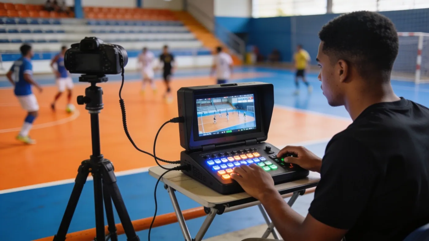 Corte, gravação e transmissão num aparelho só, com tela própria: é o que leva o jogo da escola para o ar sem uma mesa técnica montada.