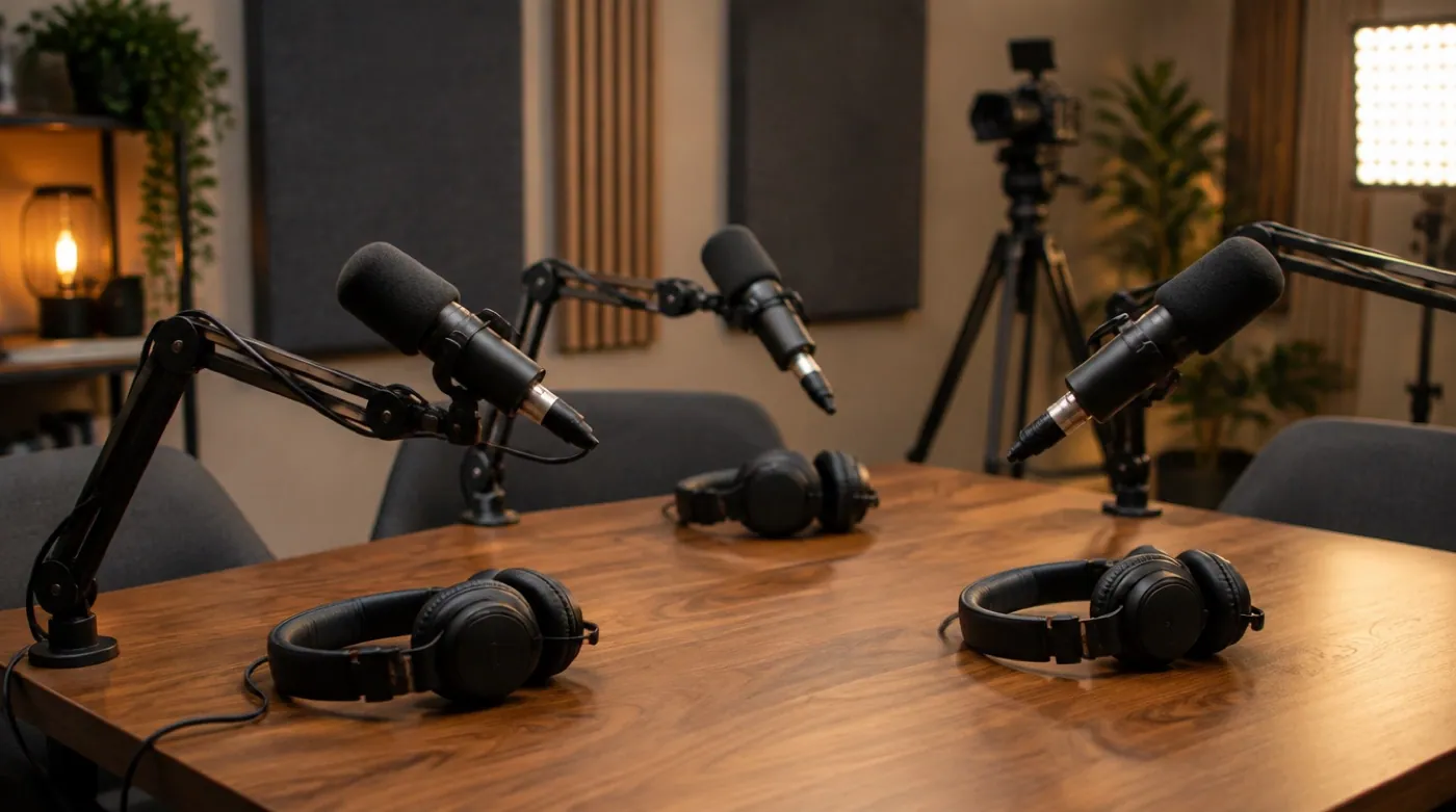 Mesa de podcast com três microfones em braços articulados, fones sobre a bancada e uma câmera apontada para os convidados.