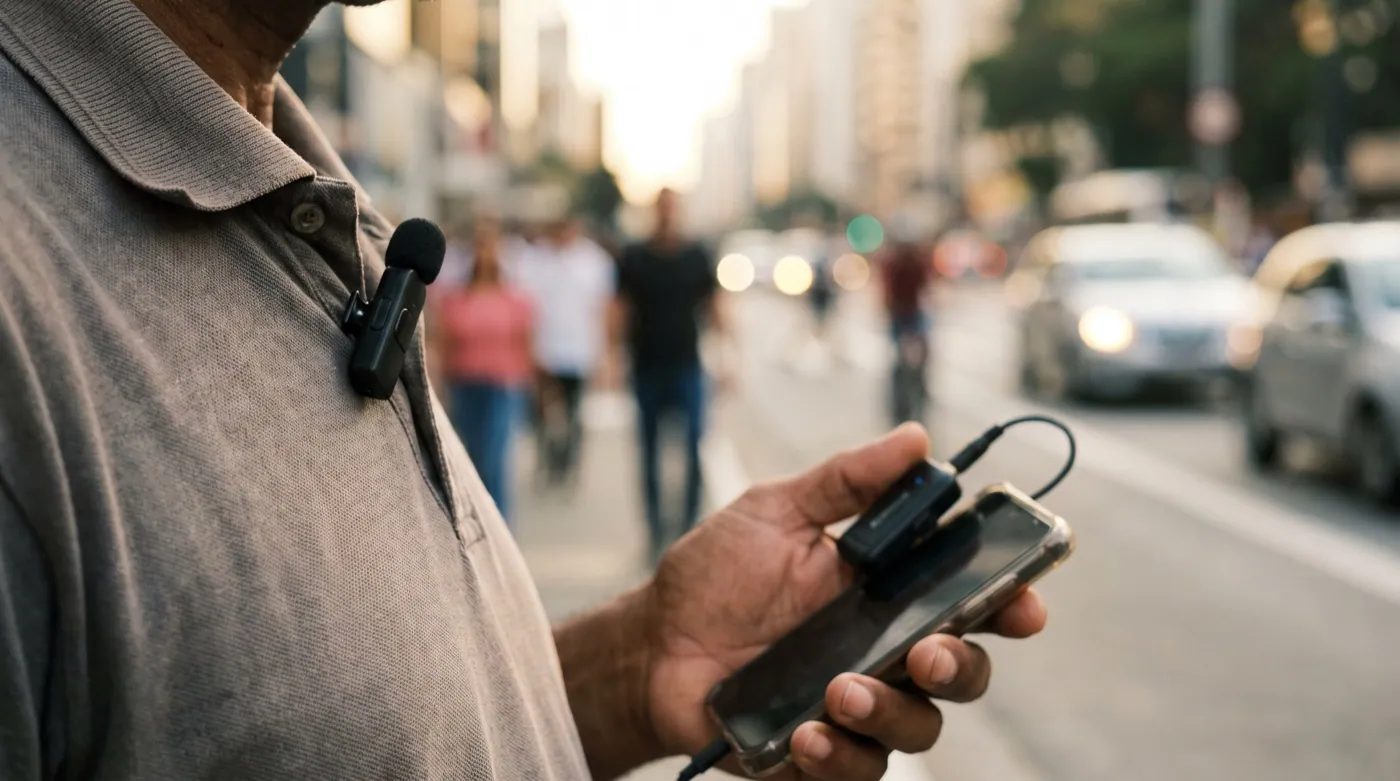 Lapela sem fio na gola, receptor no celular: a entrevista na rua não espera o sinal voltar.