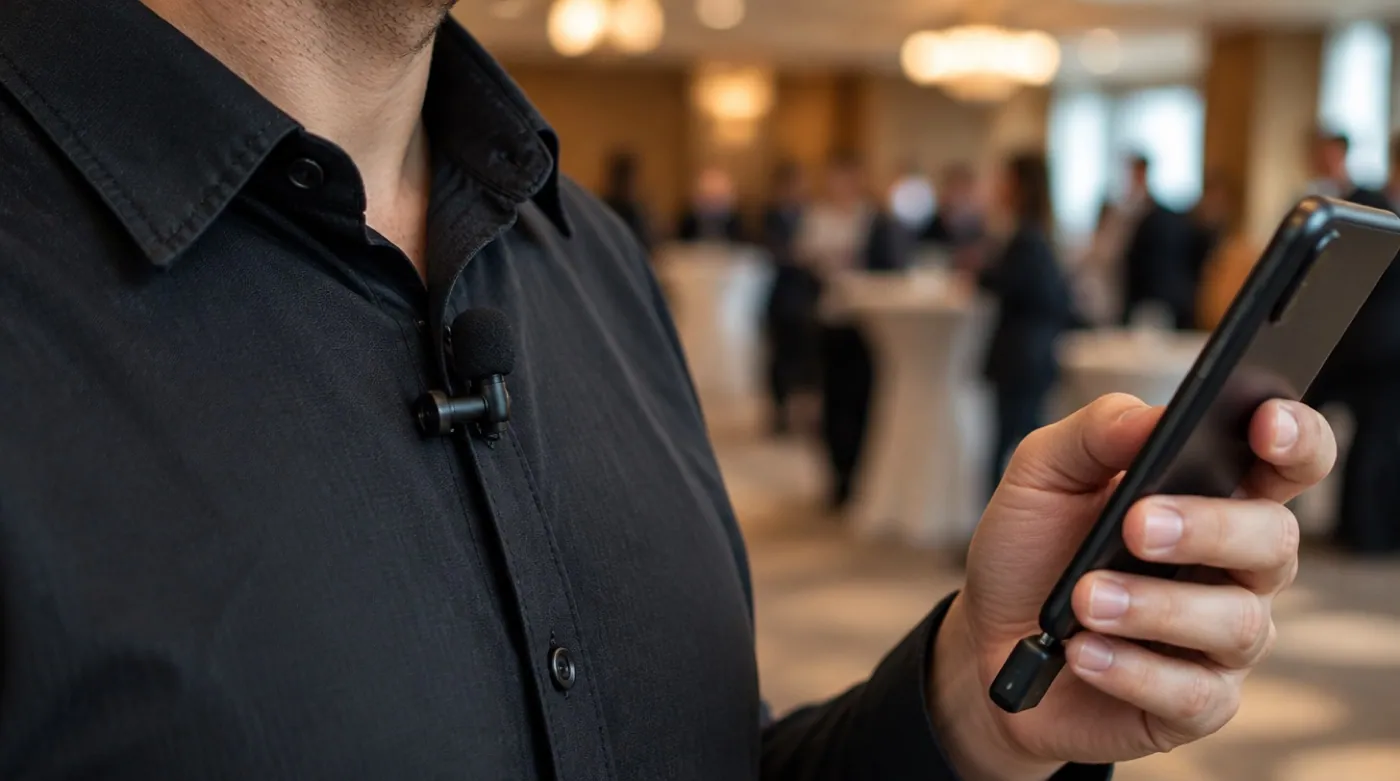 Microfone de lapela preso no peito de uma camisa escura, com o receptor no celular, numa gravação de entrevista em ambiente de evento.