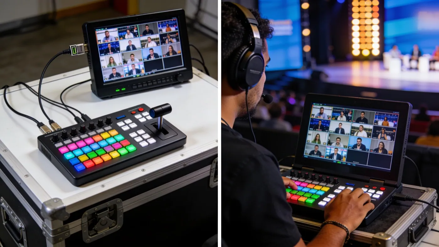 A mesa de corte com monitor e cabo de rede de um lado, o estúdio portátil com tela própria do outro: duas formas de cortar o mesmo evento.