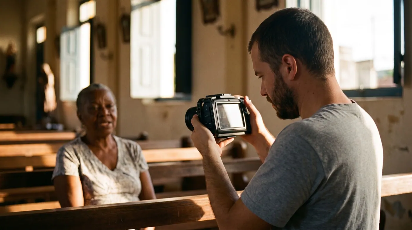 Depoimento gravado no templo vazio: é aqui que a câmera de cinema compacta mostra por que existe.