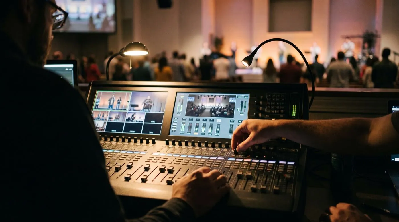 Operação de igreja: uma pessoa, duas telas e decisões que precisam ser simples.