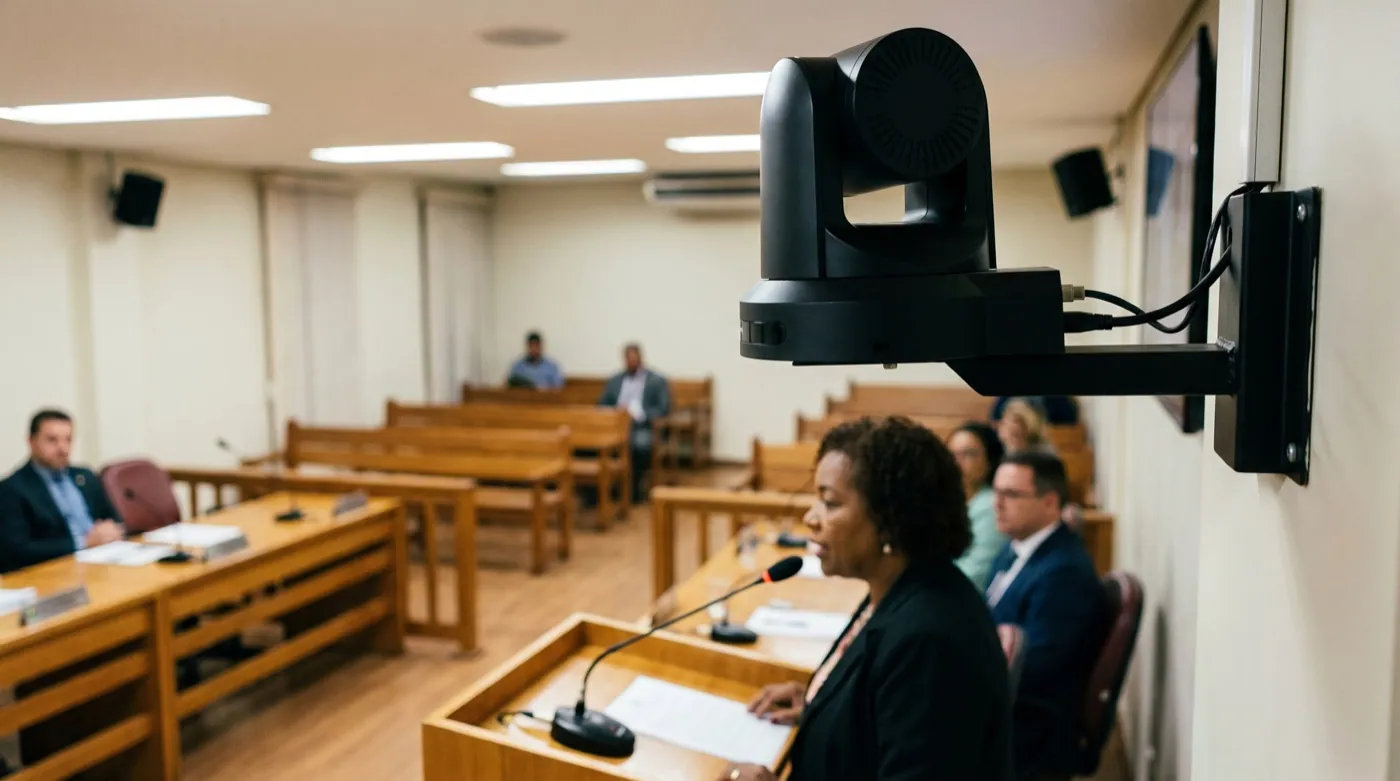 Presa no alto da parede, a câmera PTZ some da sala e continua acompanhando quem está na tribuna.