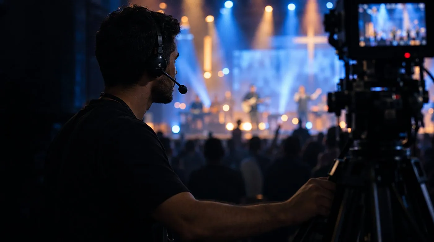 Culto ao vivo: a câmera ouve a direção sem tirar os olhos do palco.