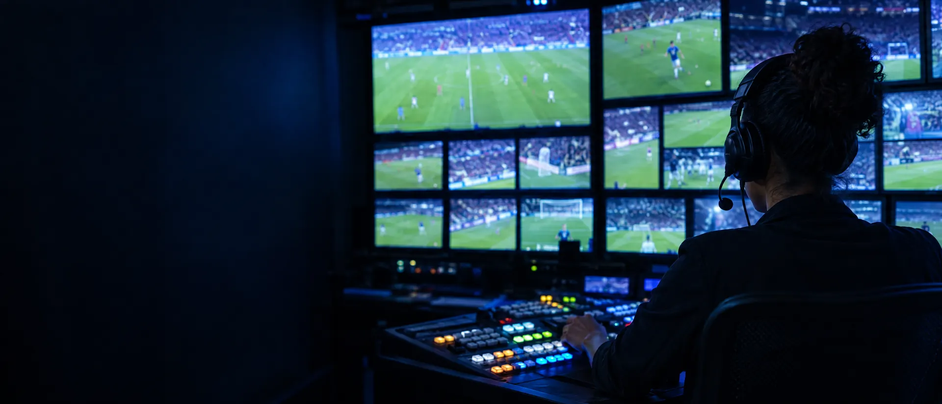 Operadora de corte diante de uma parede de monitores com as câmeras de uma partida de futebol