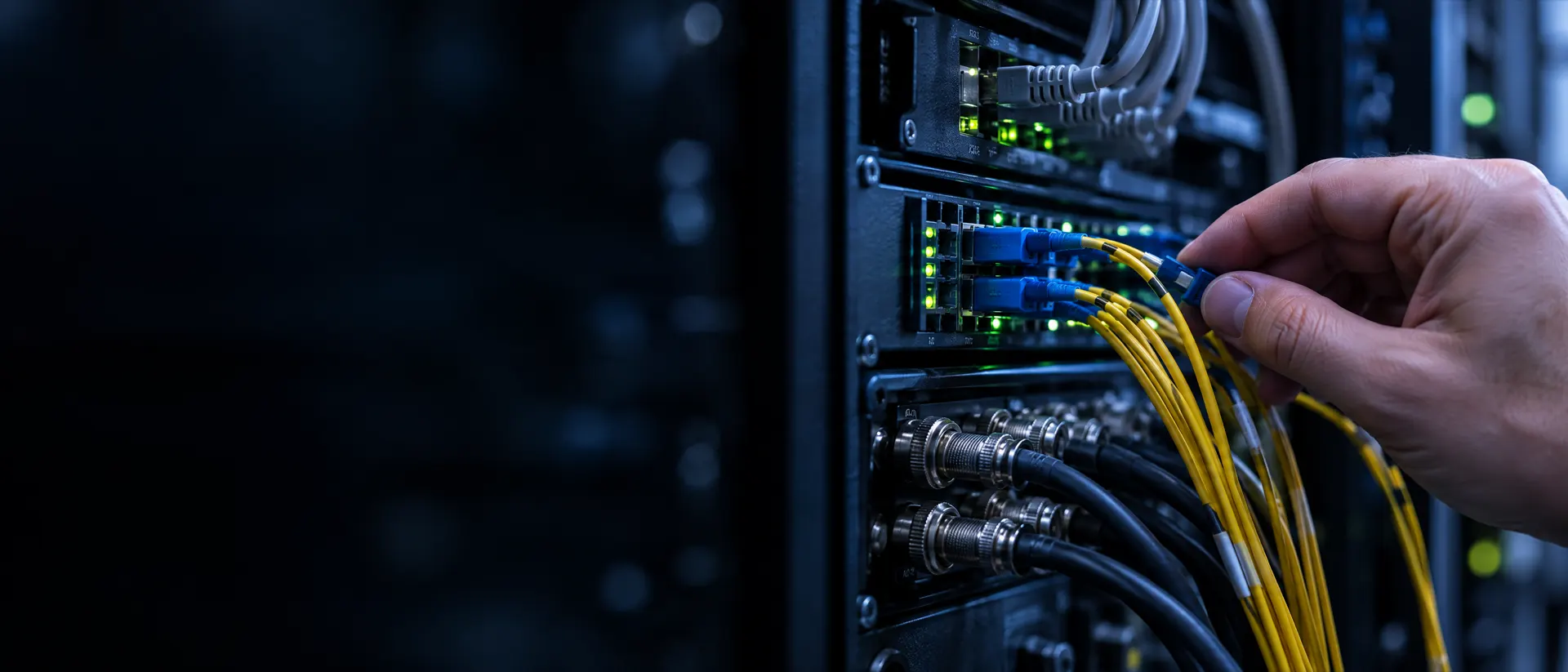 Mão encaixando um cabo de fibra óptica num rack, ao lado de cabos coaxiais de vídeo