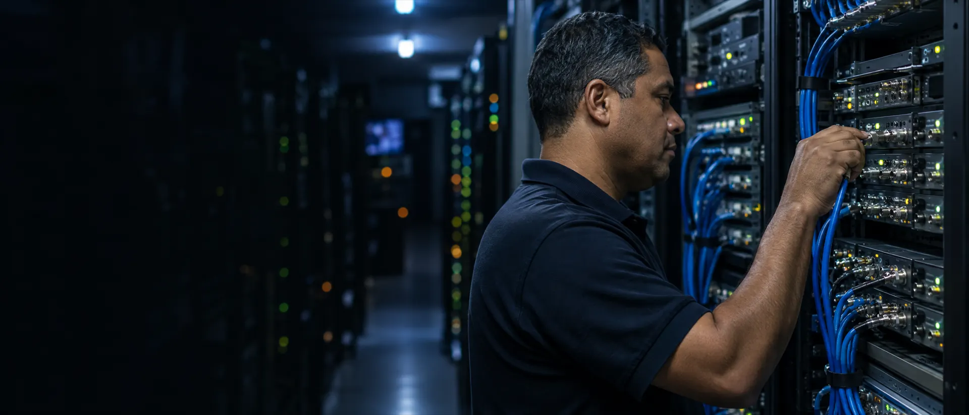 Engenheiro conectando cabos de vídeo num rack de conversores, numa central técnica