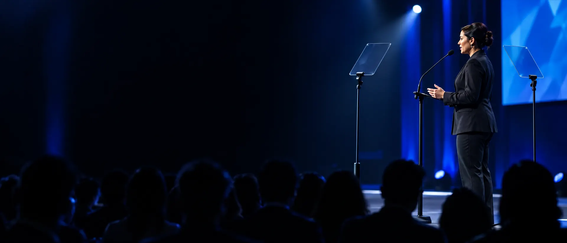 Palestrante num palco com dois vidros de teleprompter à frente, de frente para a plateia