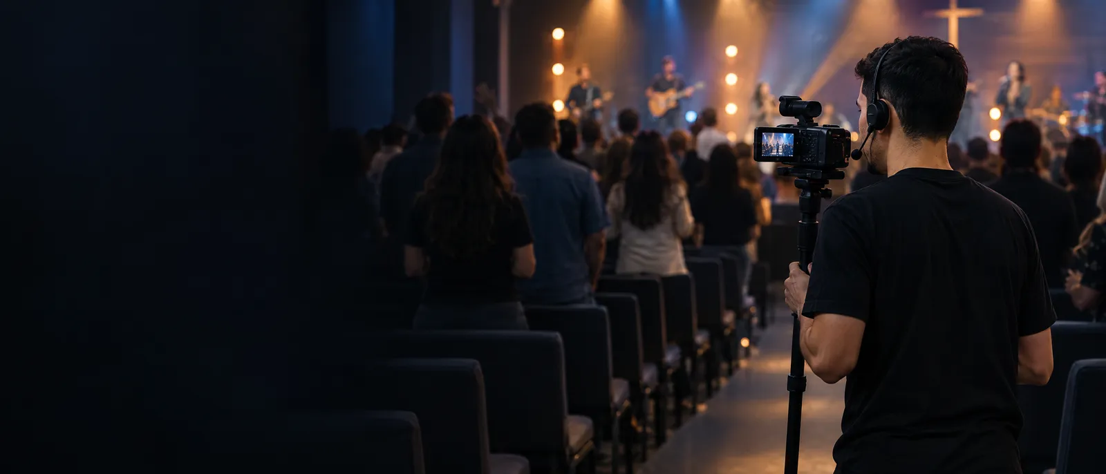 Operador de câmera voluntário com headset sem fio caminhando pelo corredor de uma igreja durante o culto