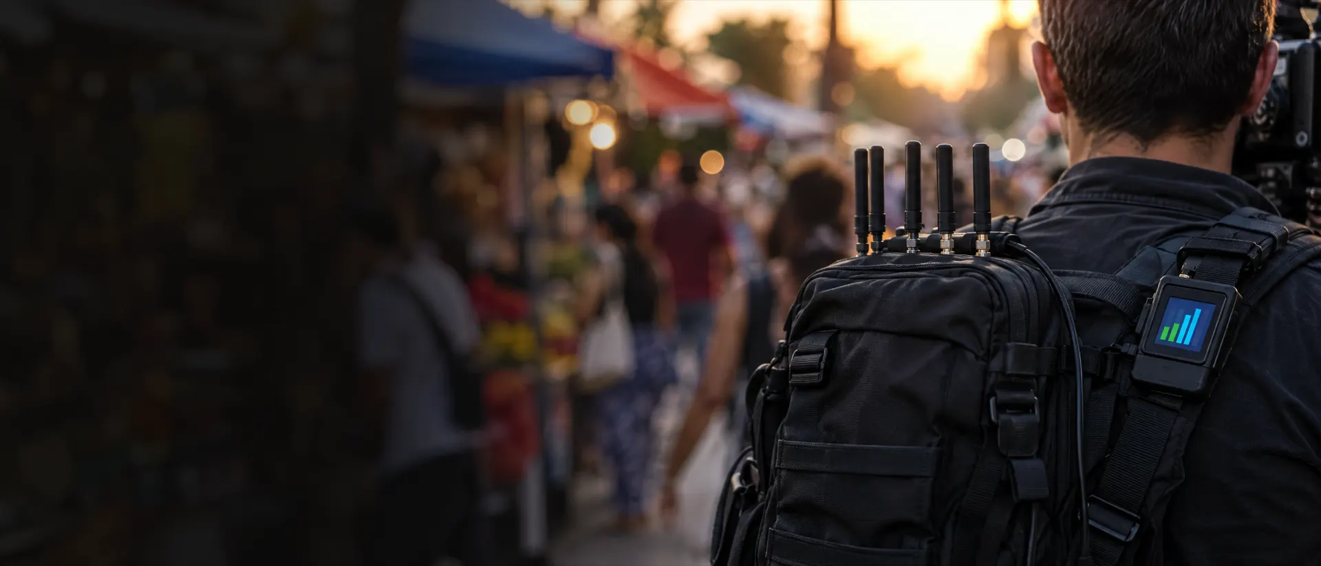 Mochila de transmissão com antenas nas costas de um repórter numa feira de rua