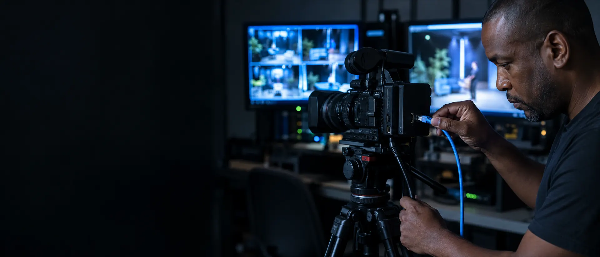 Técnico ligando um cabo de rede num encoder preso atrás da câmera