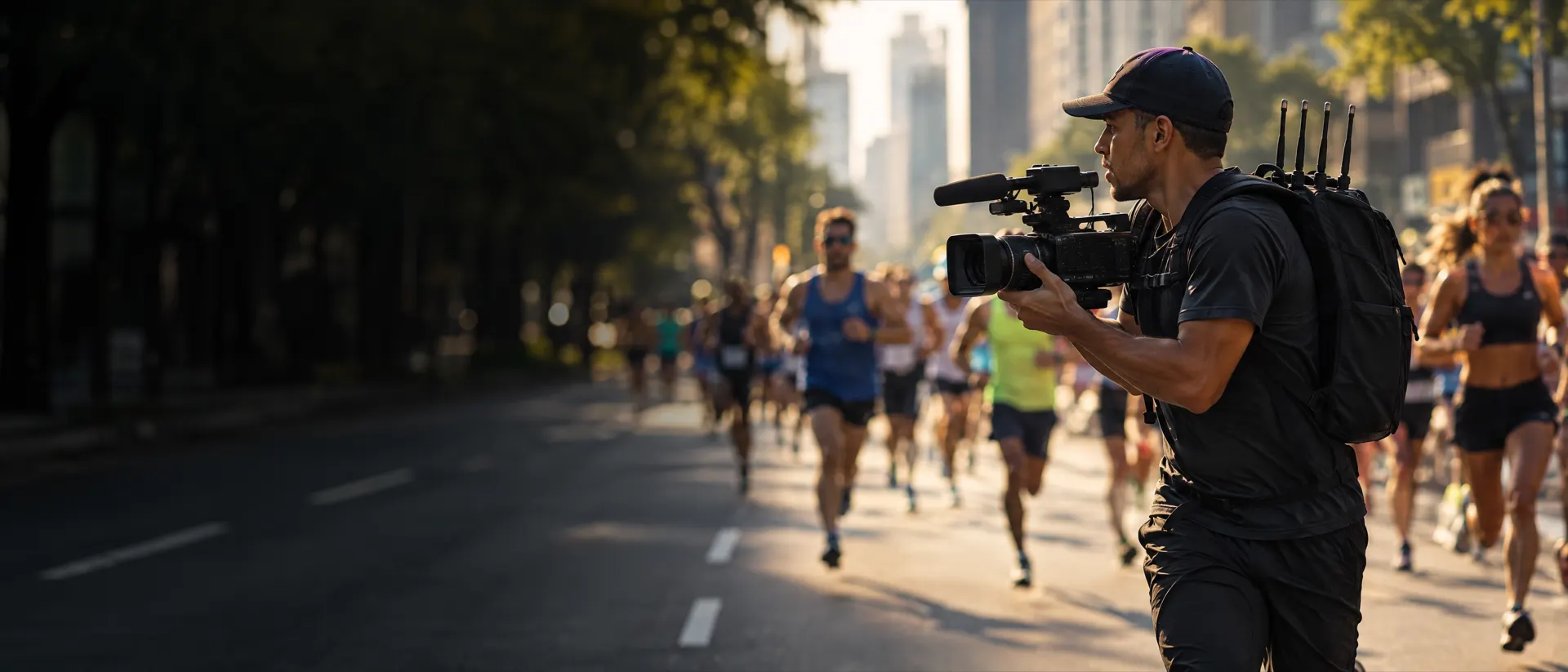 Cinegrafista correndo ao lado de uma corrida de rua, com a câmera na mão e uma mochila de transmissão com antenas
