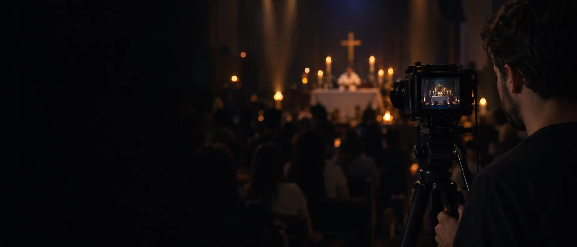 Cinegrafista filmando um culto com pouca luz, com a câmera num tripé