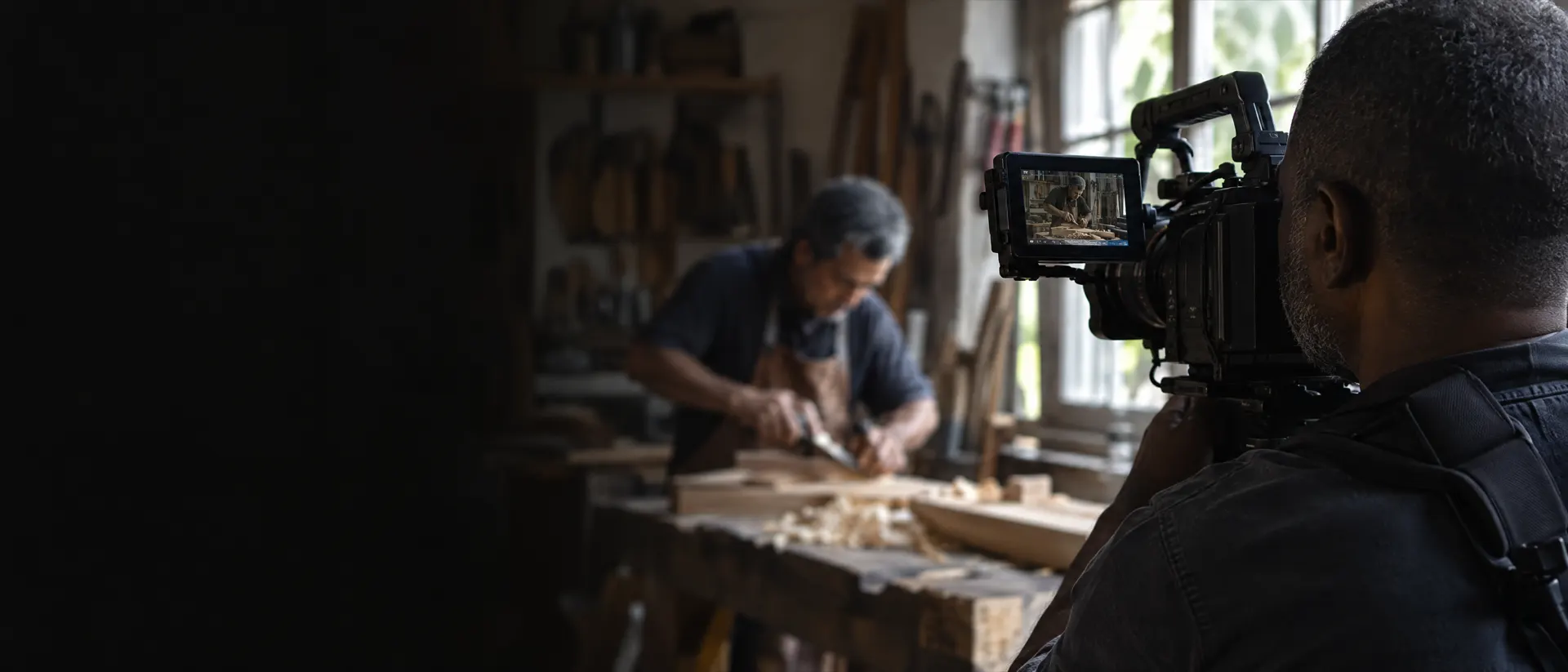 Cinegrafista com uma câmera de cinema no ombro gravando um documentário numa oficina