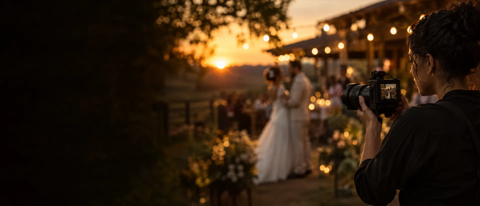 Videomaker filmando um casamento numa fazenda ao entardecer com uma câmera compacta de cinema